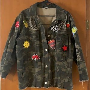 Camo Distressed utility jacket with patches.